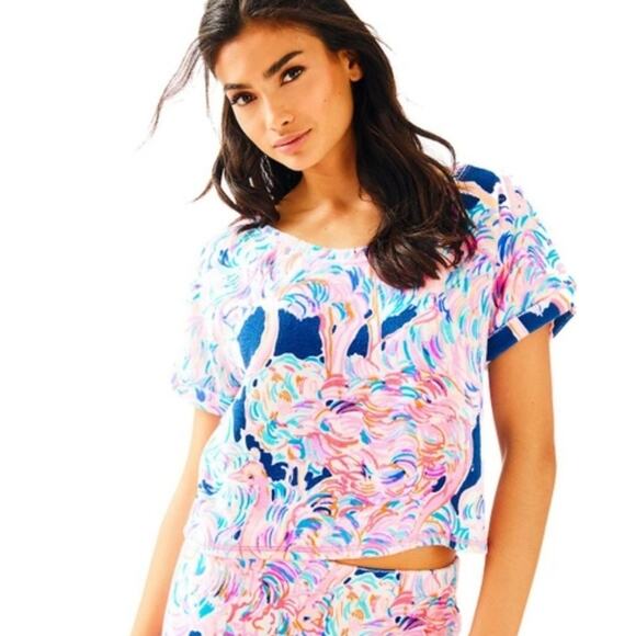 Lilly Pulitzer Dossie French Terry Top in Pelican Pink Head in the Sand - Picture 1 of 9